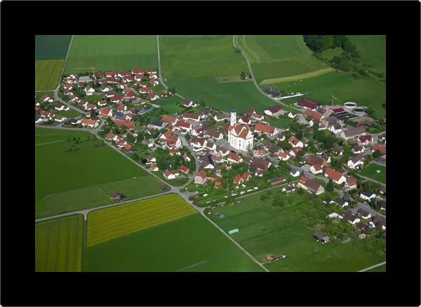 Aerial view, town of Steinhausen with the Pilgrimage Church of Our Lady and the Parish Church of St. Peter and Paul, Baden-Wuerttemberg, Germany, Europe