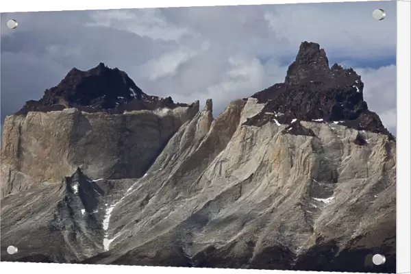 Dark peaks, Cuernos del Paine granite mountains, Torres del Paine National Park, Lake Pehoe, Magallanes Antarctica region, Patagonia, Chile, South America, America