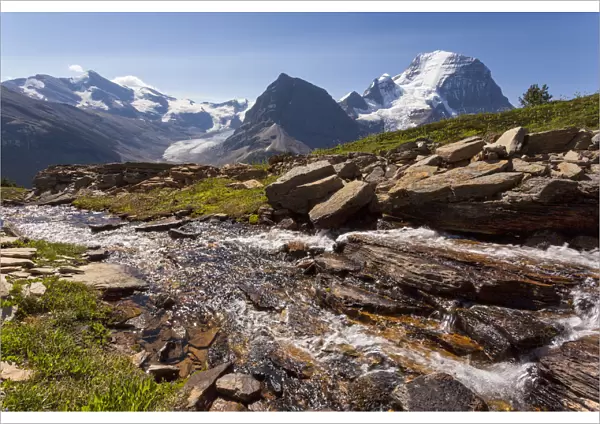 Glacial stream in front of Mount Robson, Mount Robson Provincial Park, British Columbia Province, Canada