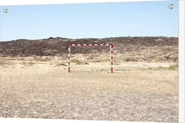 Football goal on a sandy ground, Caleta de Caballo, Lanzarote, Canary Islands, Spain