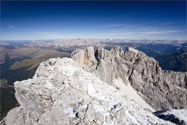 Summit of Cima Vezzena Mountain in the Pala Group, overlooking the Dolomites with the South Face of the Marmolada, Trentino, Italy, Europe