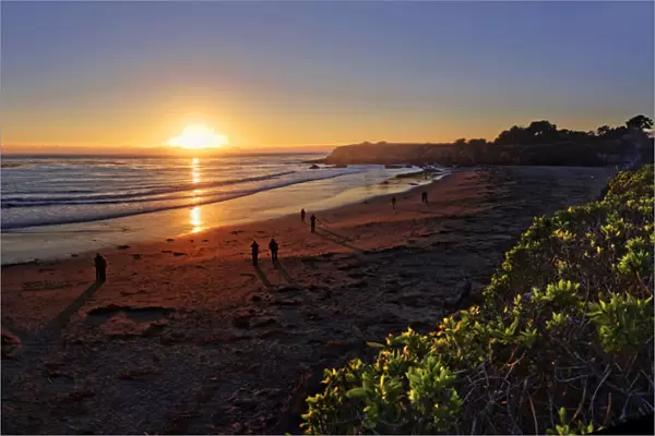 People at sunset at the Pacific beach of Cambria, California, United States