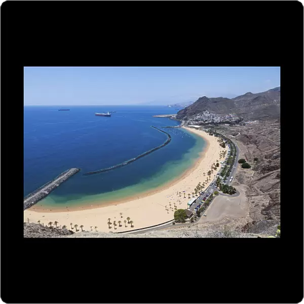 The sandy beach of Playa de las Teresitas, birds eye view, San Andres, La Montanita, Tenerife, Canary Islands, Spain