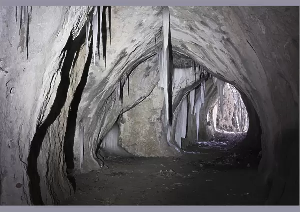Icicles in the Klauskirche cave passage, Franconian Switzerland, Upper Franconia, Franconia, Bavaria, Germany, Europe