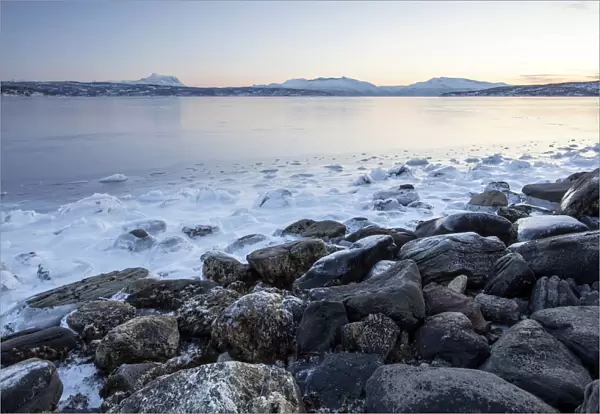 Rocks on the coast in winter, Lofoten, Norway