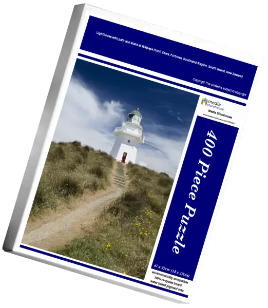 Lighthouse with path and stairs at Waipapa Point, Otara, Fortrose, Southland Region, South Island, New Zealand