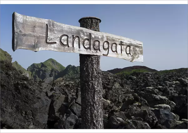 Landagata signpost, Eldfell lava field, town of Vestmannaeyjar, Heimaey, Westman Islands, south Iceland or Suourland, Iceland, Europe