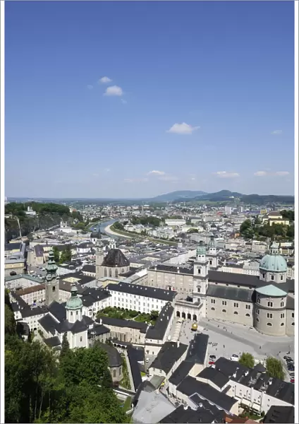 View of the historic district of Salzburg, Kapitelplatz square and Salzburg Cathedral in the front, Austria, Europe