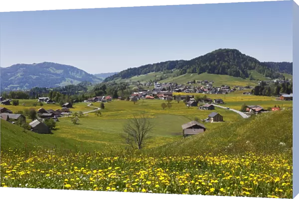 Hittisau village with Mt. Roter Berg, right, Bregenzerwald region, Vorarlberg, Austria, Europe