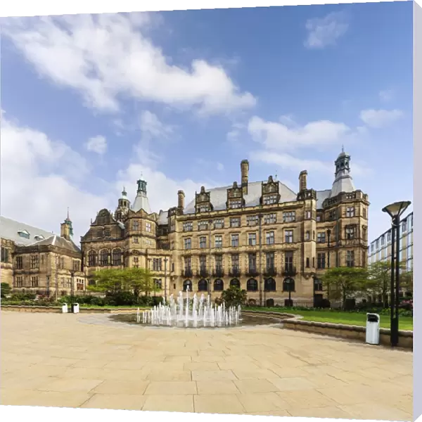Historic Town Hall with multi jet fountain, and the Peace Gardens, Sheffield, South Yorkshire, England, United Kingdom