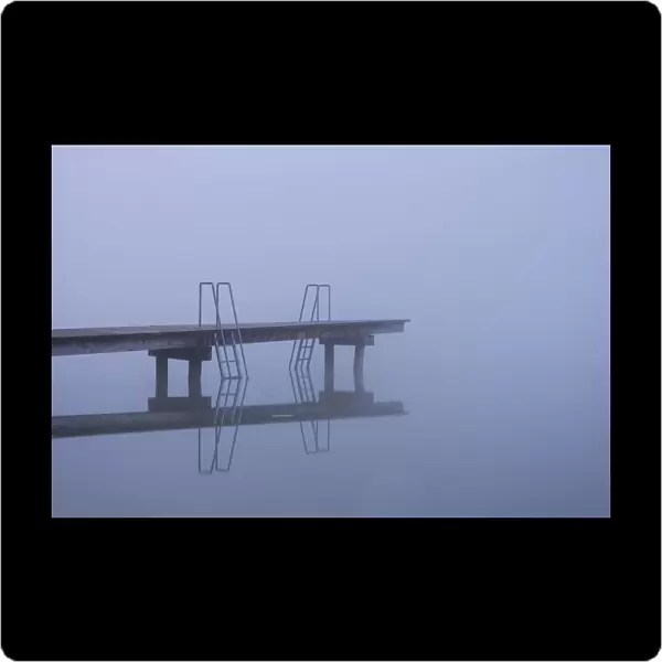 Jetty in the autumn mist, Lake Mindelsee, Baden-Wuerttemberg, Germany, Europe