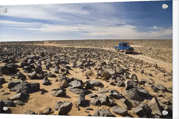 Car track in stone desert, Akakus Mountains, Libya, Sahara, North Africa