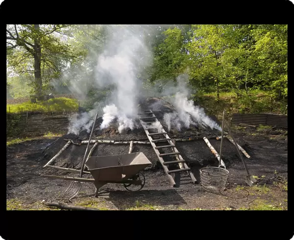 Burning charcoal pile in the final stage, Walpersdorf, Siegen-Wittgenstein district, North Rhine-Westphalia, Germany, Europe