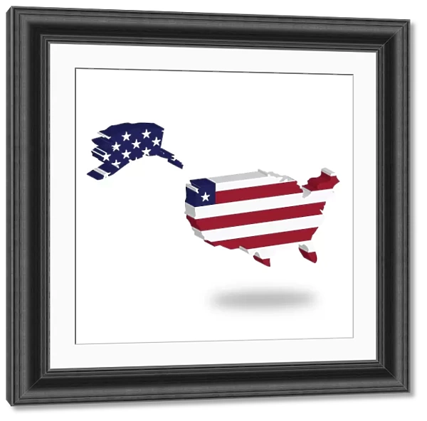 Shape and national flag of the United States of America, USA, levitating, 3D computer graphics