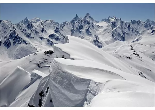 Snow ridge and cornices in winter, Gargellen, Silvretta mountains, Vorarlberg, Austria, Europe