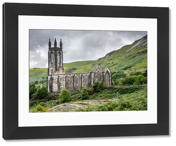 The Dunlewey Church ruin sits empty next to Mount Errigal in Donegal county, Ireland