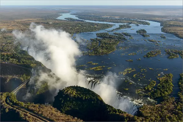 Aerial view of Zambezi River and Victoria Falls. Livingstone. Zambia