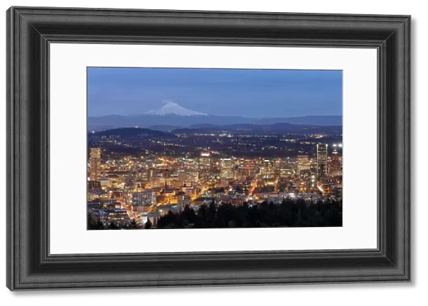 Portland Cityscape with Mt Hood at Dusk