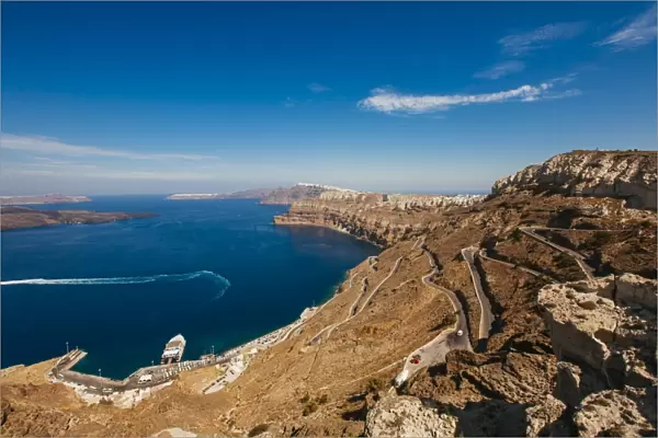 Curved road to Athinios port, Santorini, Greece