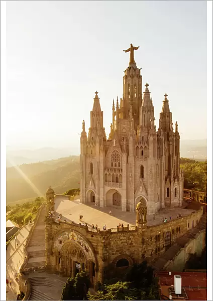 Sagrat Cor church at Tibidabo mountain at sunset, Barcelona, Catalonia, Spain