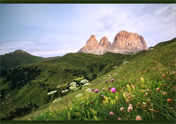 First light on the Sassolungo in the Dolomites