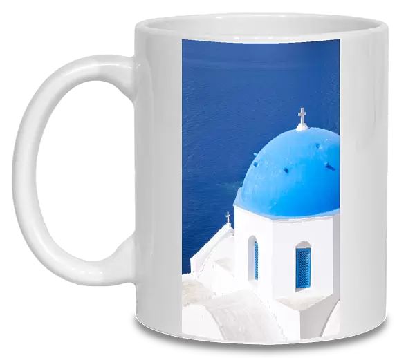 Blue domed church and sea, Santorini, Greece