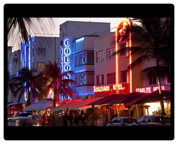 Art Deco Hotels at Dusk, Miami, Florida, USA