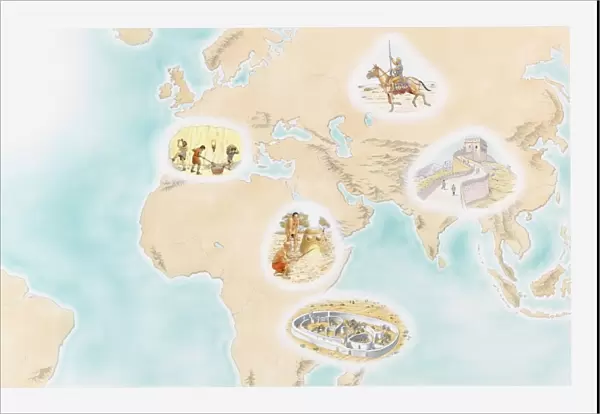 Illustration of Scythian Horsemen, Great Wall of China, Great Zimbabwe, Buhuya iron-working furnace, and Hallstatt Iron age societies around the world