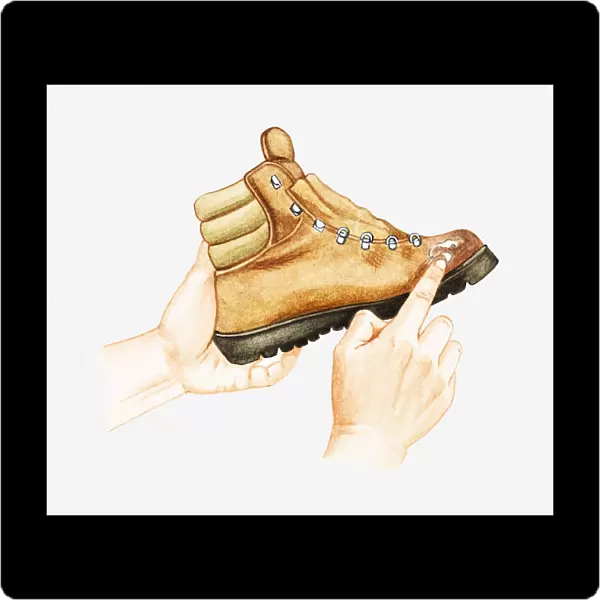 Illustration of man repairing scuff on hiking boot