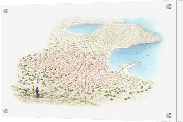 Illustration of recreation of bronze age town and how it would have looked to a traveller on the hill of of Petsofa looking down on bay of Palaokastro in 1500 BC