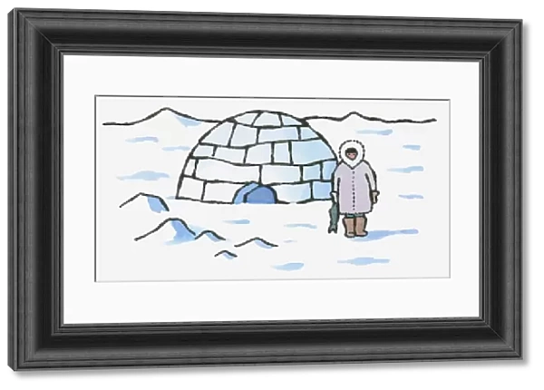 Illustration of Inuit standing outside igloo holding fish