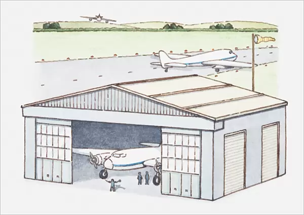 Illustration of plane in hangar and another one on runway