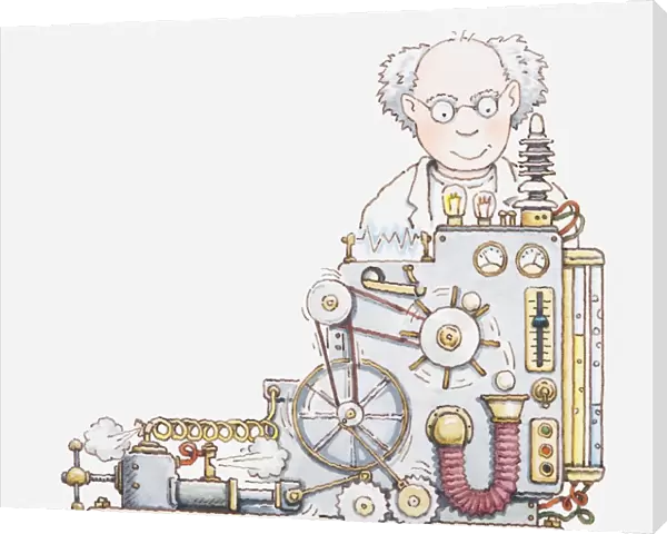 Illustration of a scientist or inventor and his machine