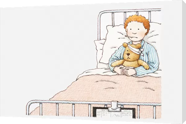 Illustration of a boy in hospital bed, with thermometer in his mouth and his arms around a teddy