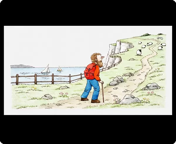 Illustration of hiker at the bottom of a footpath up a cliff