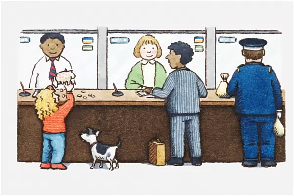 Illustration of girl emptying contents of piggy bank onto counter, other customers and bank staff standing nearby