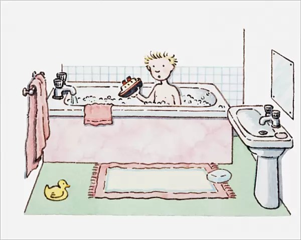 Illustration of boy sitting in bath tub, holding a toy boat in his hand