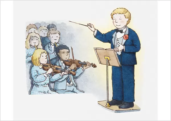 Illustration of conductor and part of an orchestra with violinists in the foreground