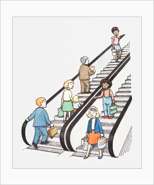 Illustration of people on up and down escalators