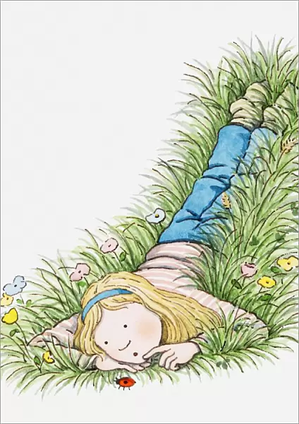 Illustration of girl lying in the grass looking at a ladybrid