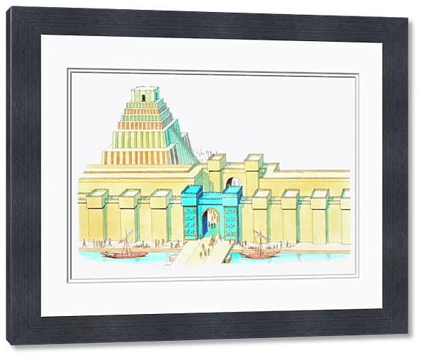 Illustration of Ishtar Gate and Ziggurat in ancient city of Babylon