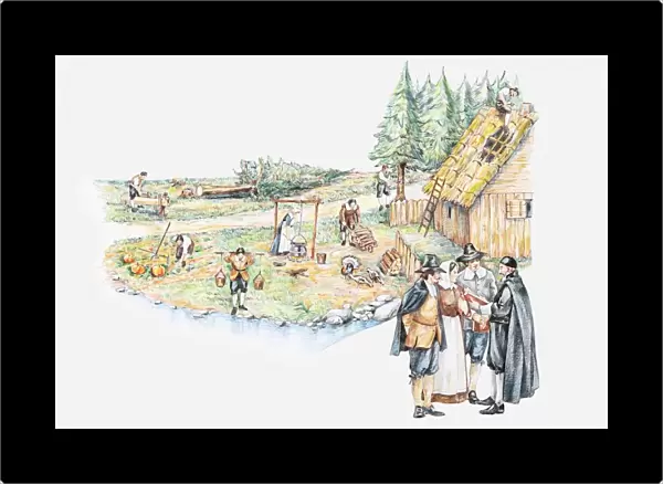 Illustration of daily life of pilgrim settlers and holding prayer meeting in Plymouth Massachusetts