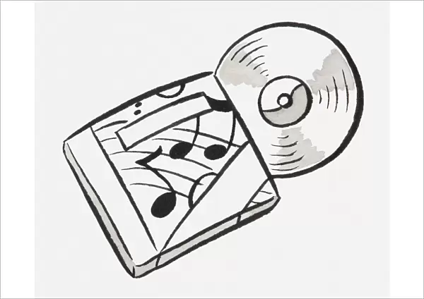 Black and white illustration of CD out of case