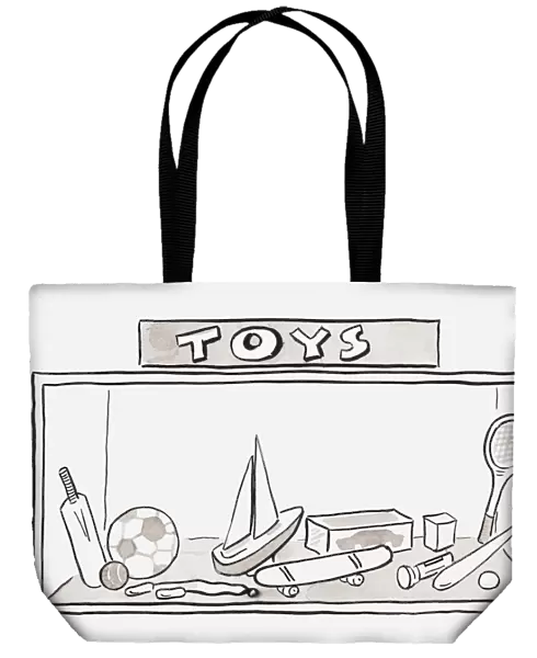 Black and white illustration of toys displayed in shop window