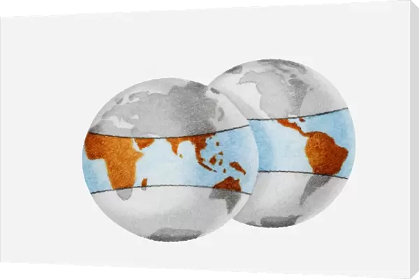 Illustration of globes outlining the tropical regions including Africa, South America and South East Asia