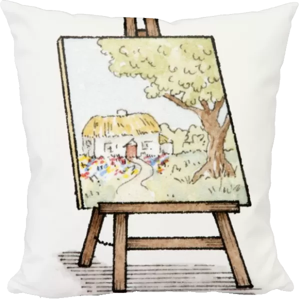 Illustration of watercolour painting of thatched cottage on easel