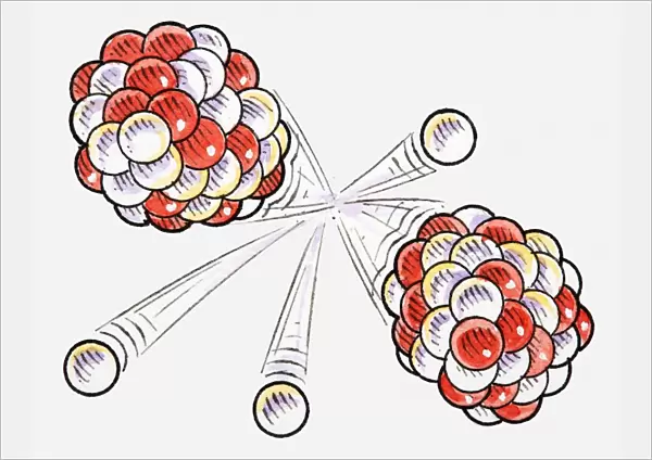 Illustration of split atoms and neutrons