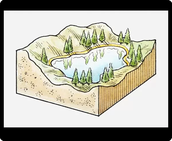 Three-dimensional illustration of mountain lake surrounded by forest