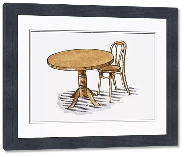 Illustration of antique wooden table and chair