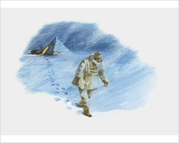 Illustration of Titus Oates walking to his death at the South Pole